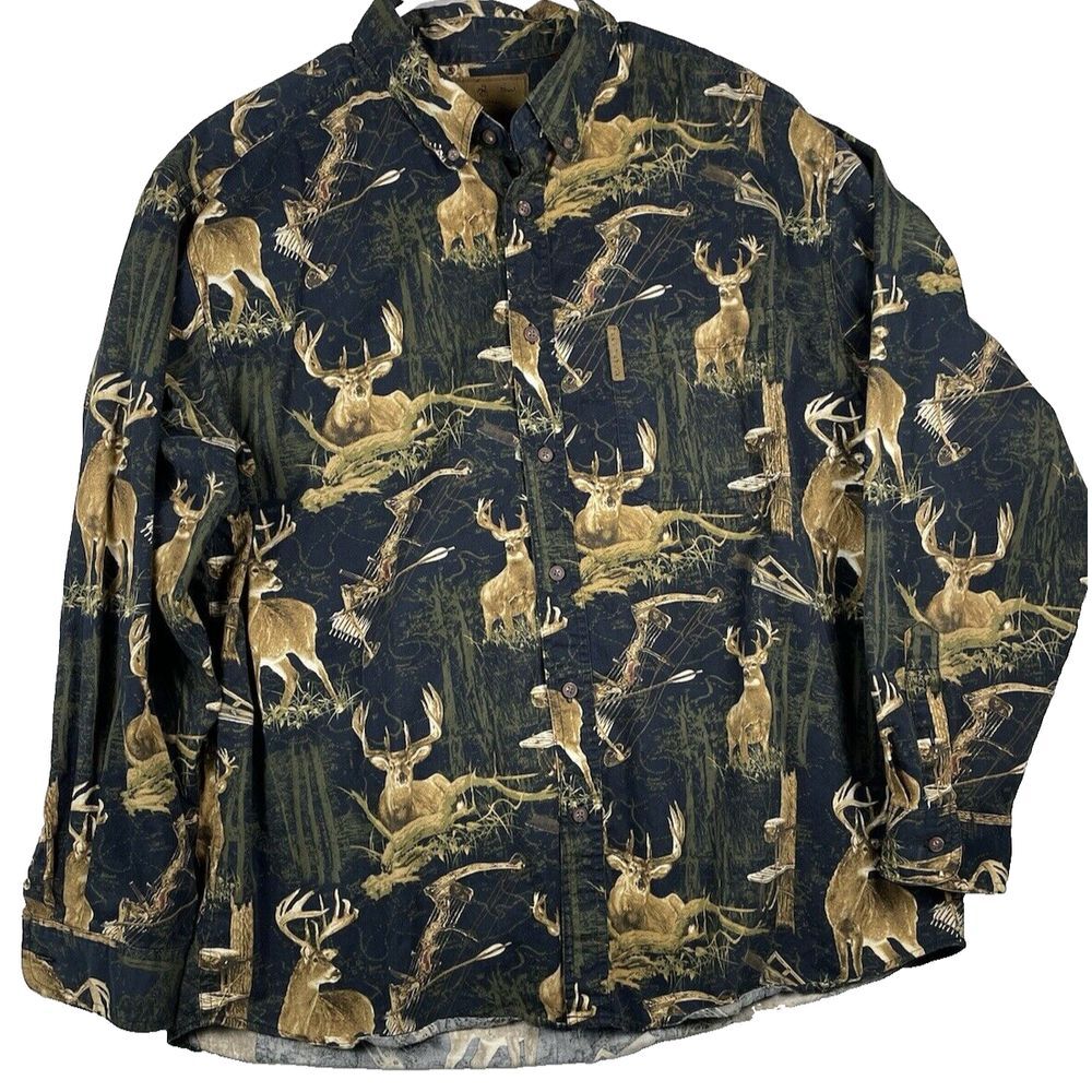 Legendary Whitetail Shirt Mens XL Black w/Beige Allover Deer Print Hunter